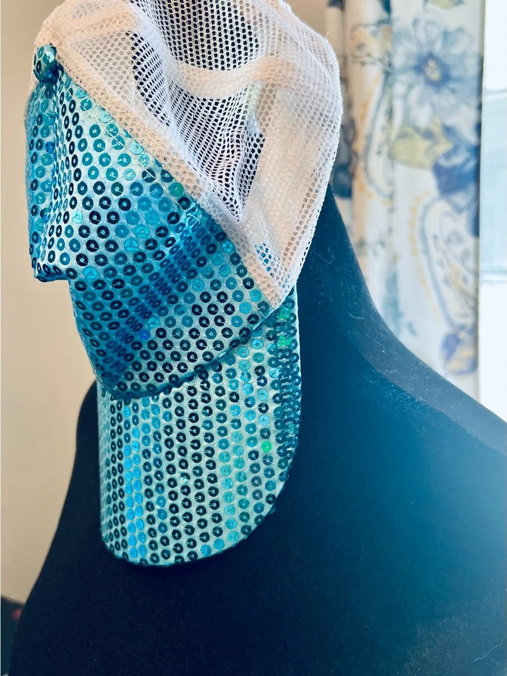 Sequin Mesh Trucker Cap. Aqua Blue. P80